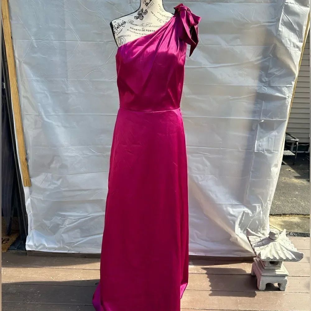 Dessy Collection Size 8 fuchsia color, one shoulder gown rayon and spandex.